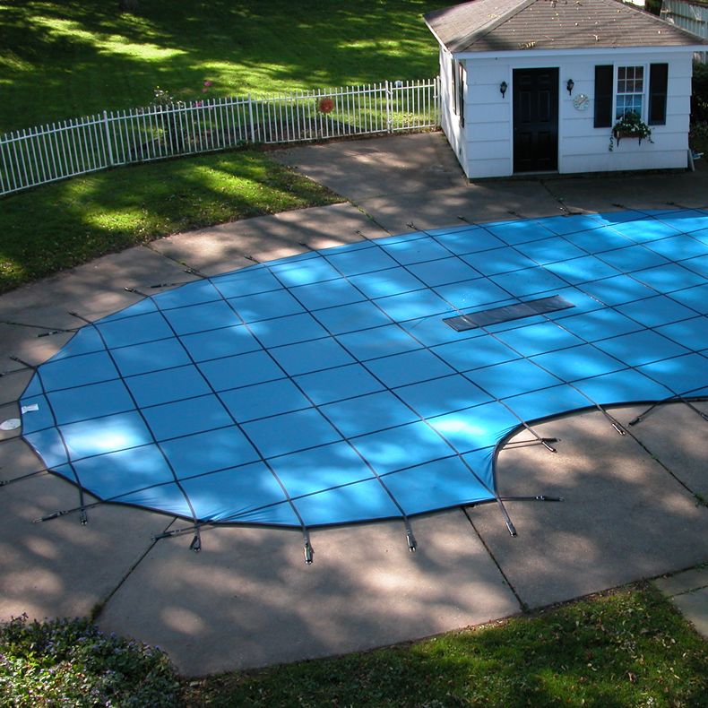 10 Year Solid Safety Pool Cover, 18x36 ft Rectangle, 4x8 ft Left Step 1 ft Offset, Blue Pool