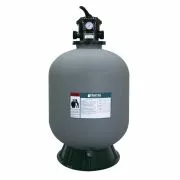 Doheny's Harris H1573060 Vortex 24-inch sand filter tank, a standalone grey cylindrical unit featuring a black multi-port valve, an integrated pressure gauge, and a sturdy black base, designed for large pool water filtration.