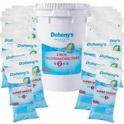 Front view of Doheny's Shock Chemical Bundle #3 with (24) 1-lb super shock bags and (1) 50-lb chlorine 3 inch tabs bucket