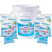 Front view of Doheny's Shock Chemical Bundle #1 with (6) 1-lb super shock bags and (1) 10-lb chlorine 3 inch tabs bucket