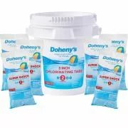 Front view of Doheny's Shock Chemical Bundle #1 with (6) 1-lb super shock bags and (1) 10-lb chlorine 3 inch tabs bucket