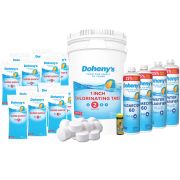 Doheny's Chemical Bundle for Inground Pools showing Doheny's Super Shock, Doheny's 1 inch Chlorine Tablets, Doheny's Algaecide 60, and Doheny's Water Clarifier Plus.