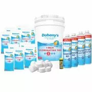 Doheny's Chemical Bundle for Inground Pools showing Doheny's Super Shock, Doheny's 1 inch Chlorine Tablets, Doheny's Algaecide 60, and Doheny's Water Clarifier Plus.
