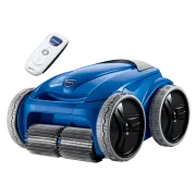Front angled view of the Polaris 9550 Sport Inground Robotic Pool Cleaner with its remote