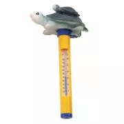 Doheny's Turtle Character Pool Thermometer with clear scale and secure cord, displays Fahrenheit and Celsius