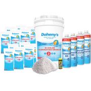 Doheny's Chemical Bundle perfect for inground pools - shown featuring Doheny's Di-Chlor Chlorinating Granules, Doheny's Super Shock, Doheny's Algaecide 60, and Doheny's Water Clarifier Plus.
