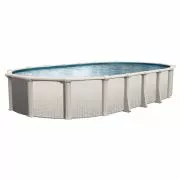 Ambience 18x33x52 oval above ground pool with durable steel walls, wide top ledge, and champagne finish, perfect for backyard summer fun