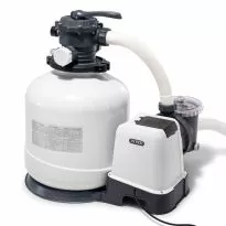 Intex Krystal Clear 16-inch sand filter system with a 0.75 HP pump, showing the light grey filter tank, pump with Intex branding, and multi-port valve on a white background.