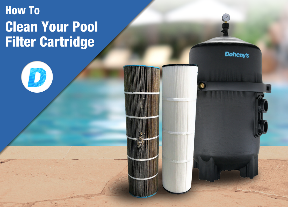 A clean pool filter cartridge next too a dirty pool filter cartridge