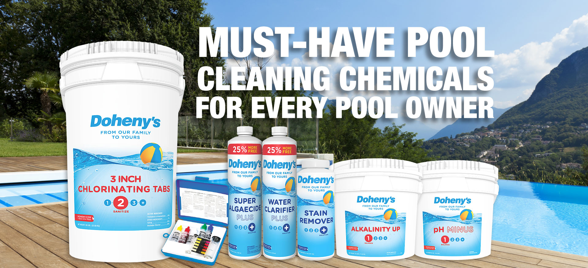 Buckets of pool cleaning chemicals available at doheny's