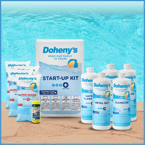 Doheny’s Pool Start-Up Kit with chemicals for opening and balancing pool water.